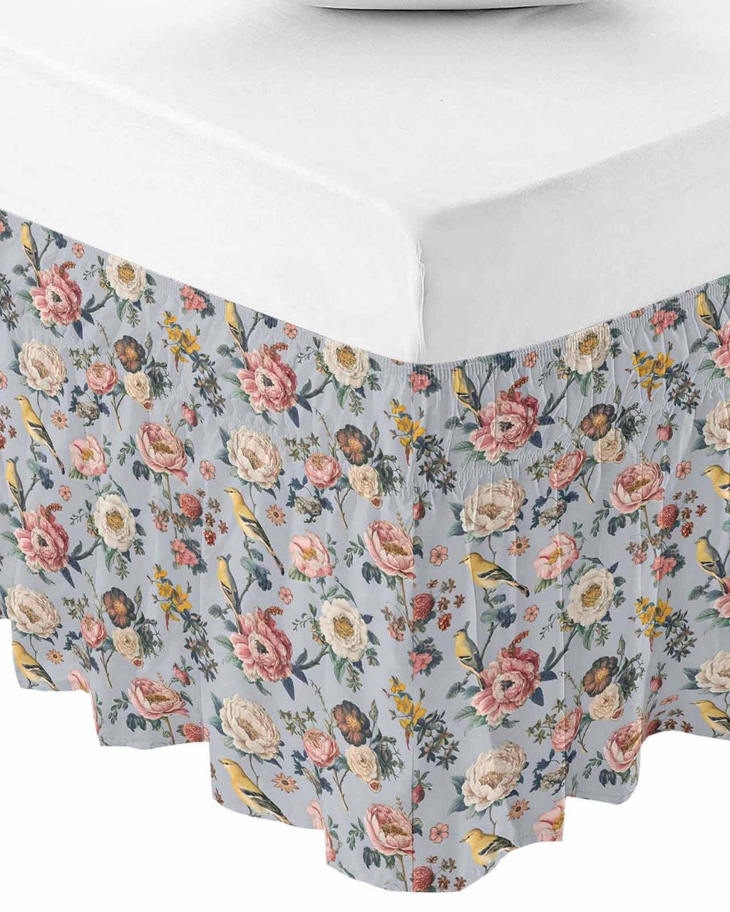 Vintage Spring Floral Bed Skirt 18 Inch Drop, Adjustable Elastic Bedskirt Dust Ruffle for Bed