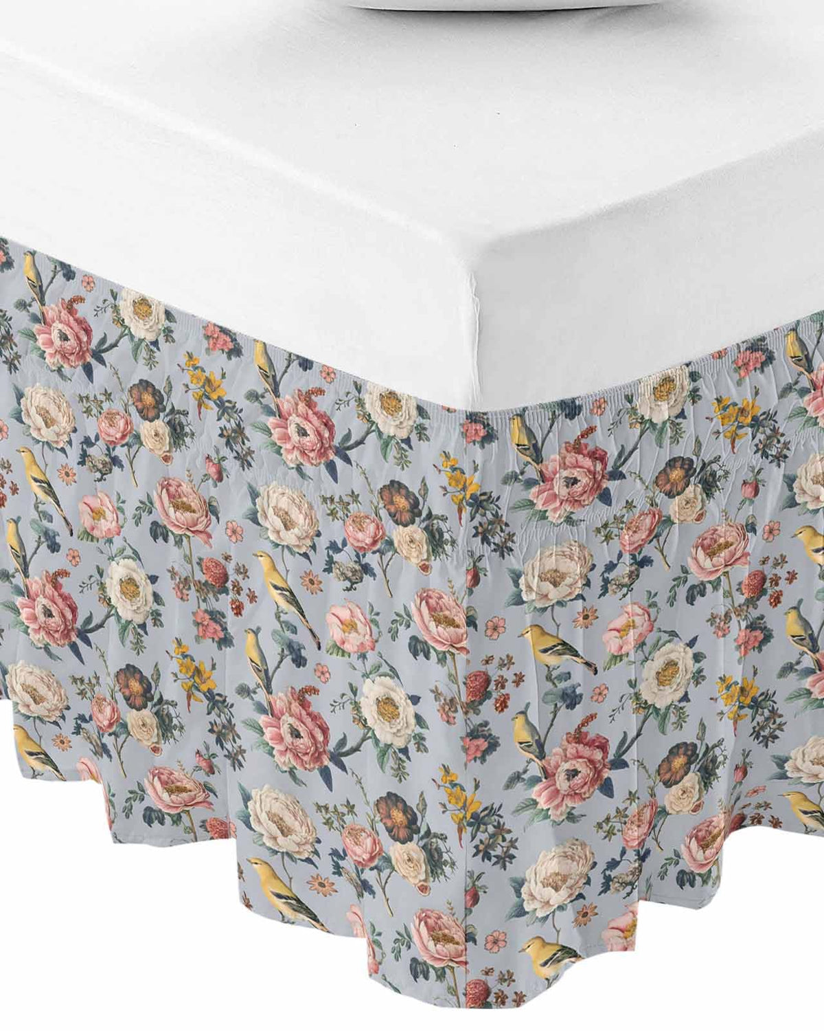 Vintage Spring Floral Bed Skirt 18 Inch Drop, Adjustable Elastic Bedskirt Dust Ruffle for Bed