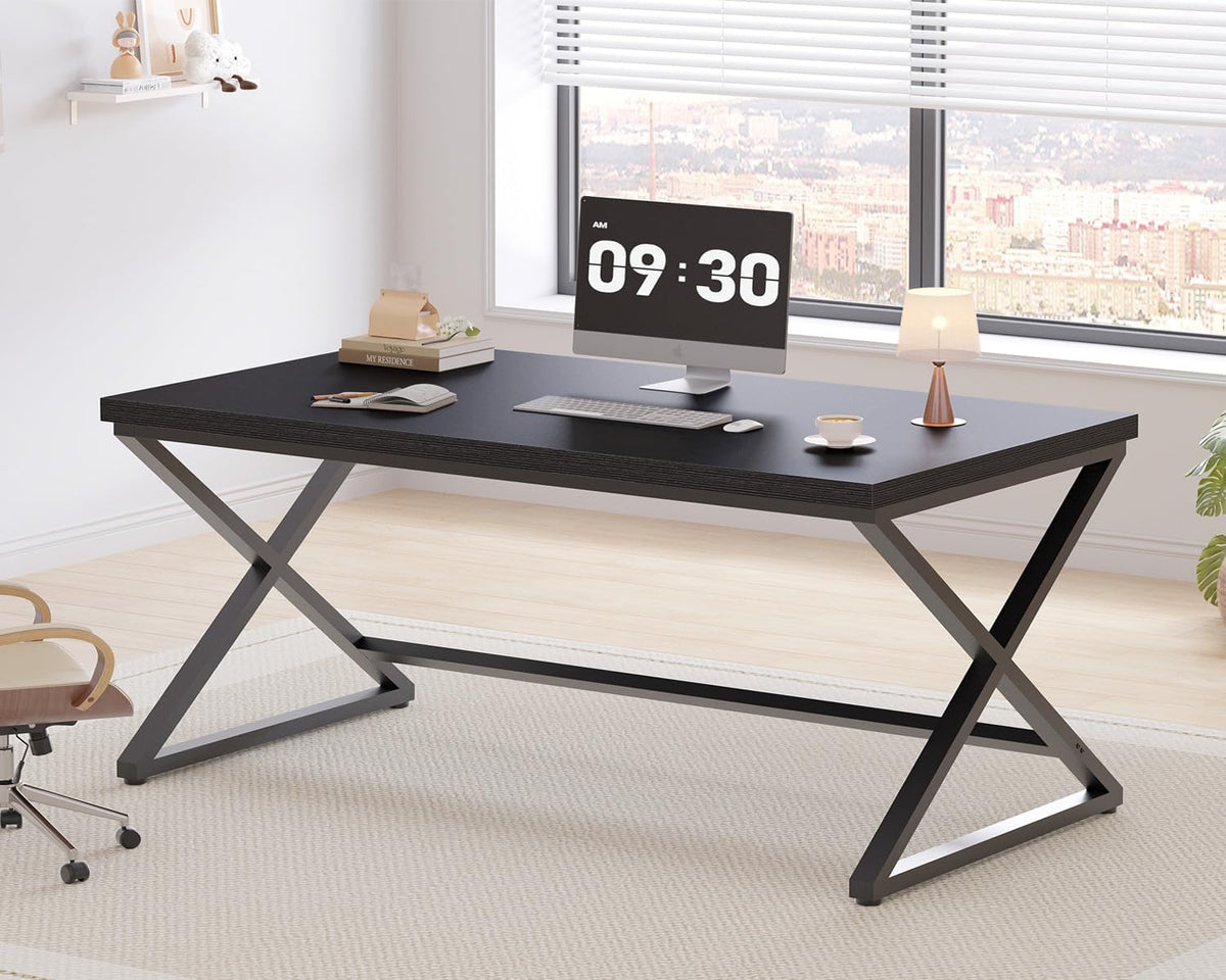 60 in Black Computer Desk Work Writing Study, Black Oak | Modern Simple Home Office Work Desk , Industrial Wood Metal