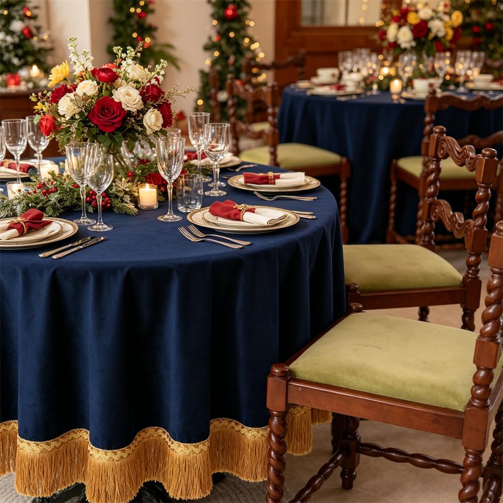 70 Inch Round Velvet Tablecloth, Navy Blue Decorative Table Cover with Gold Tassel Trim, Heavy Soft Plush Fabric