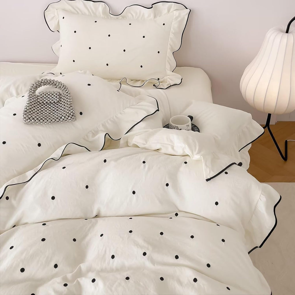 Polka Dot Duvet Cover Elegant White Ruffle Bedding Set