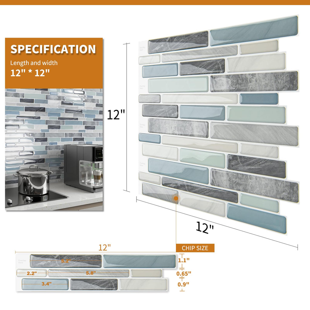 10-Sheet Peel and Stick Backsplash Tile , Back Splash Stick On Tiles Wall (Grey and Blue)