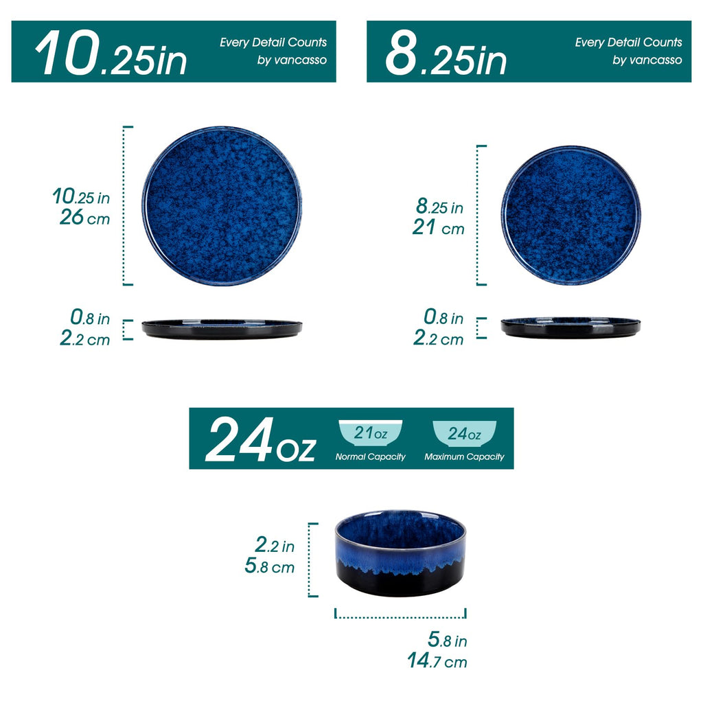 Starry Plates and Bowls Sets for 8, 24 Pieces Blue Dinnerware Sets , Modern Stoneware Dishes Set, Dishwasher and