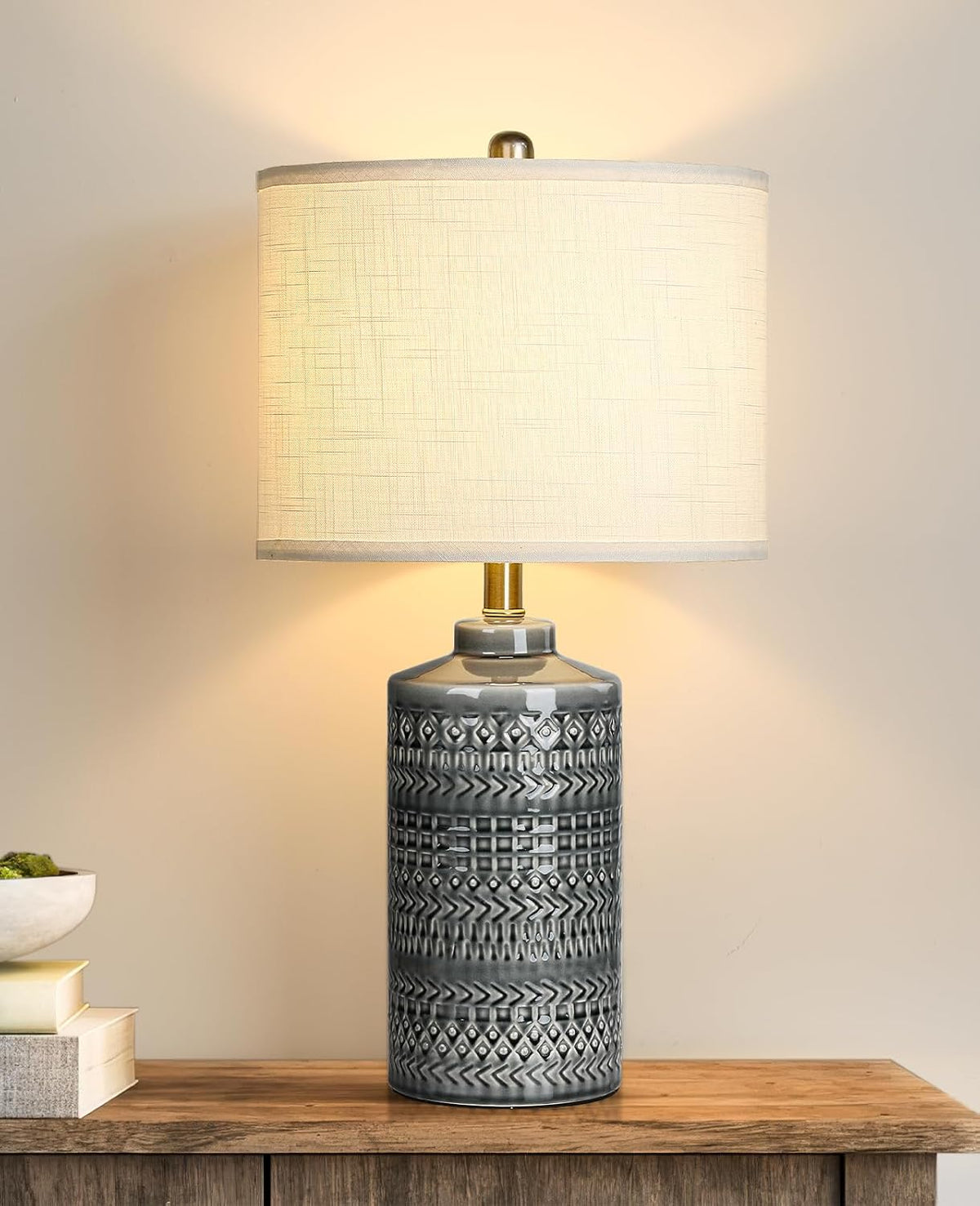 Modern Ceramic Table Lamp, 24.5" Living Room Lamps 3-Way Dimmable Gray Nightstand Lamp with White Shade|Tall Bedside
