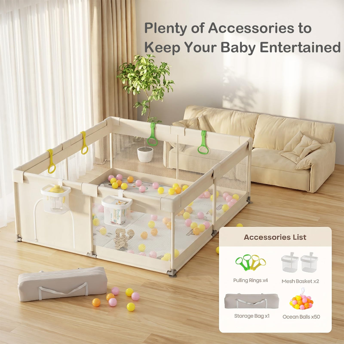 Baby Playpen with Mat, 71×59 in Beige Indoor Play Yard