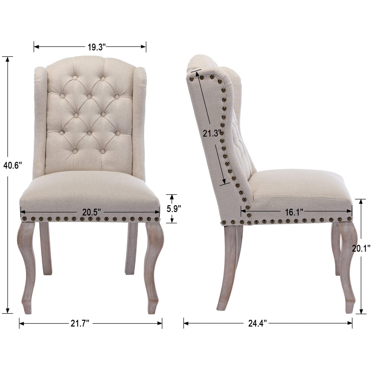 High Back Parsons Set of 2, Tufted Wingback Upholstered French Country Chairs with Nailhead Trim /Dining/Living