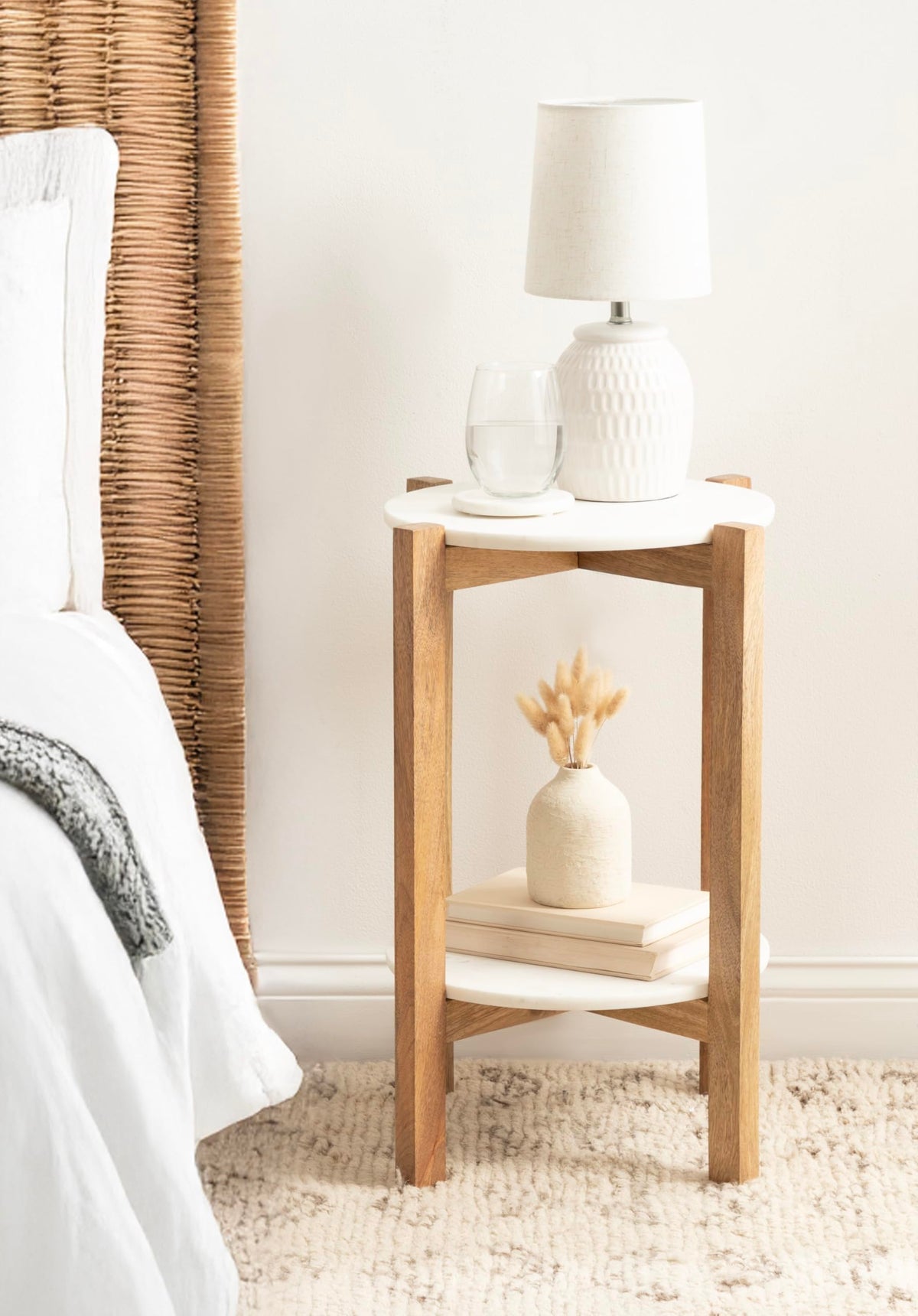 Inspired Saarinen Style Moxley Transitional Round Side Table; 16 x 16 x 22; White Marble and Natural Wood; Tiered Pedestal Table with