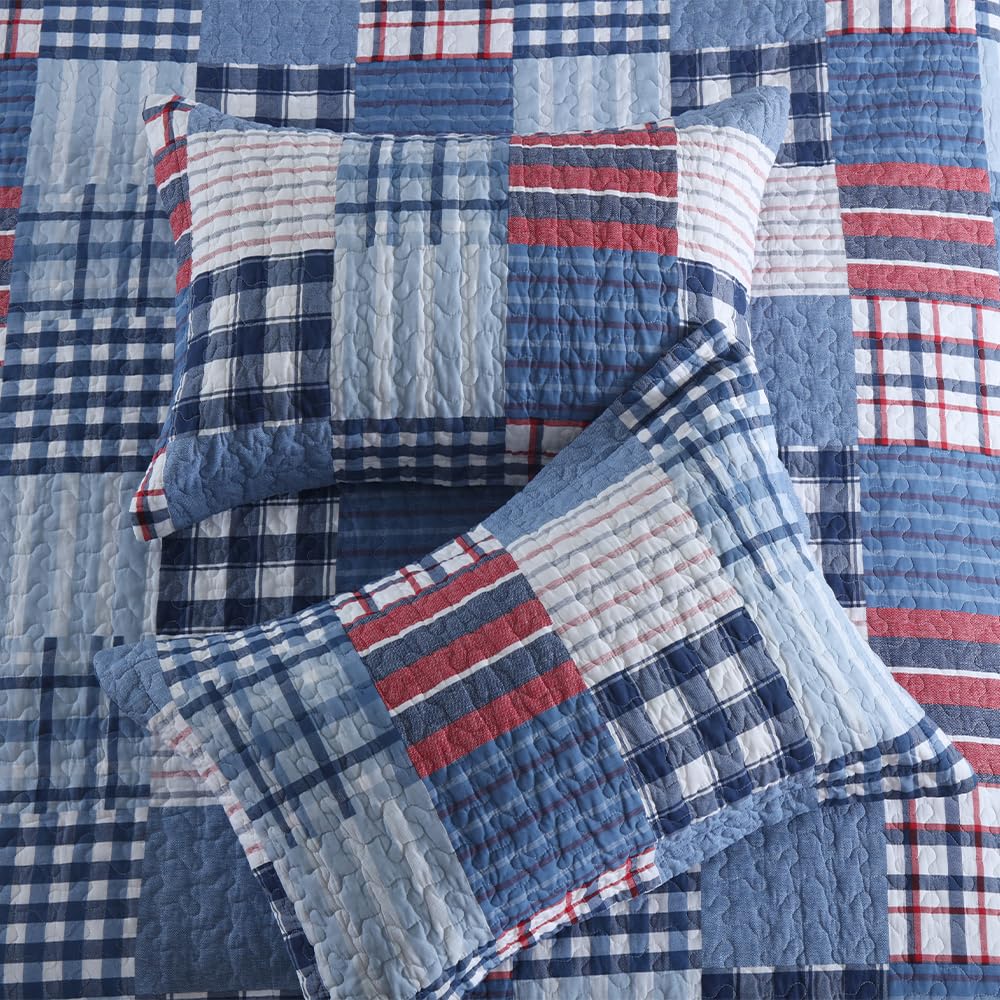Cotton Bedding Quilt Sets, Soft Reversible Coverlet Sets All Season Blue Bedspread, Plaid Patchwork