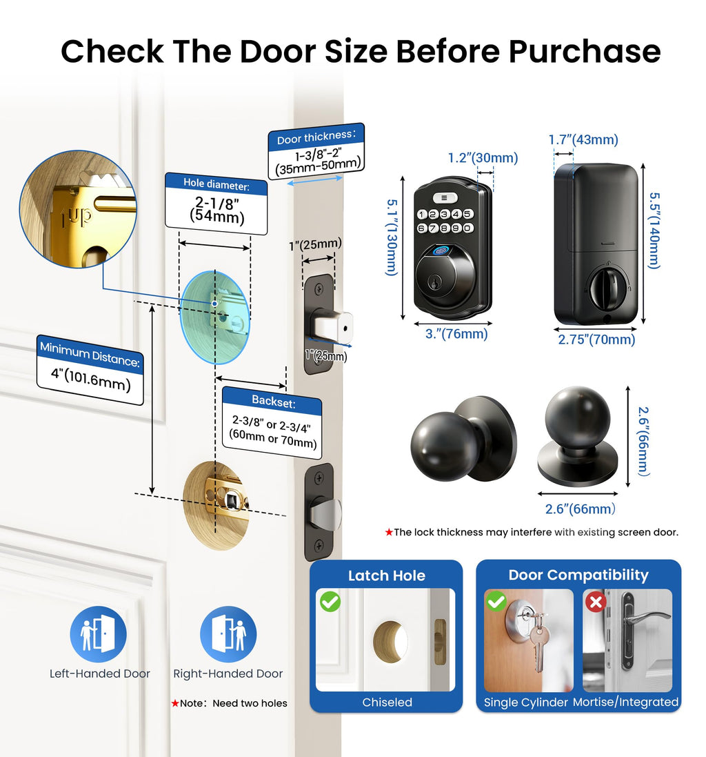 Fingerprint Deadbolt Door Lock with Knob Set, Matte Black