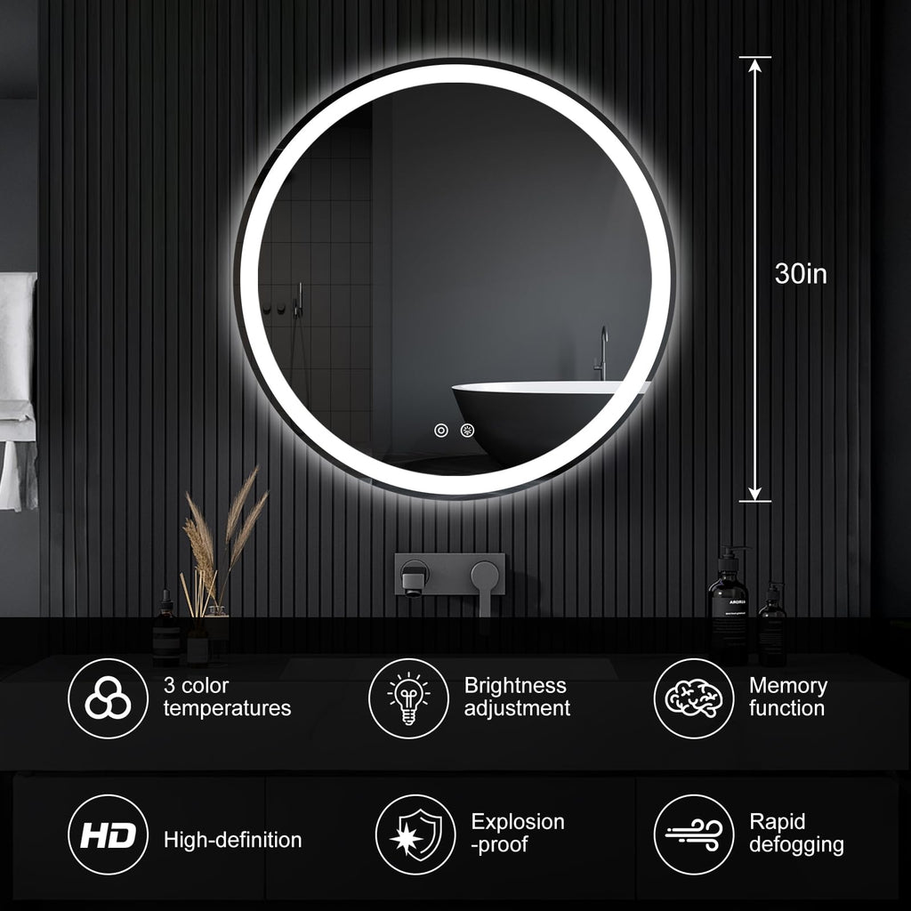 30 Inch Round LED Bathroom Mirror with Lights, Circle Vanity Mirror