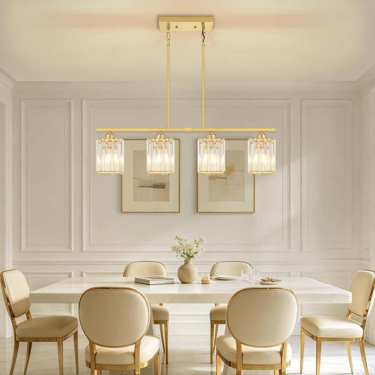 31.89" Brushed Gold Linear Chandelier Crystal Island Lights