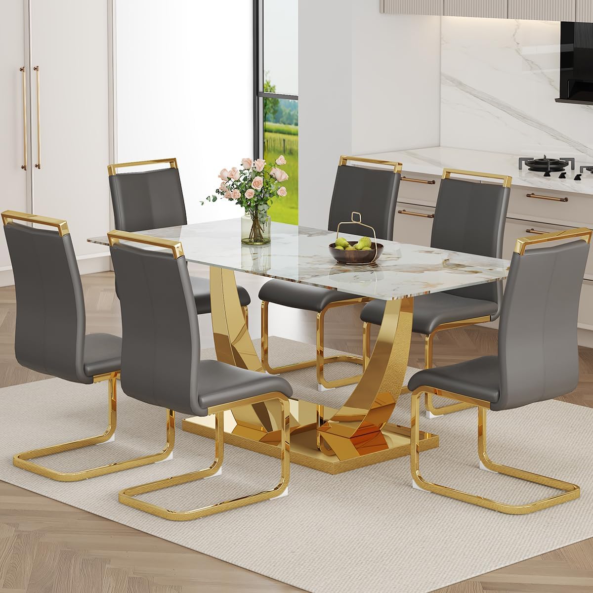 Faux Marble Dining Table Set for 6, 71" Dining Room Table Set for 6