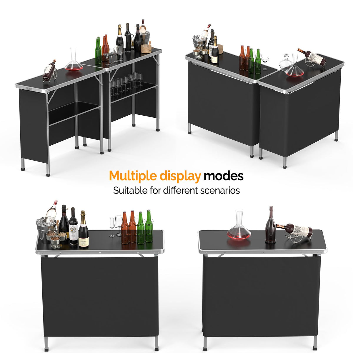 Portable Bar Table, 2-Tier Shelves, Mobile Bar Table for Events, Party, Camping, Picnic, Tradeshow, Indoor with Black
