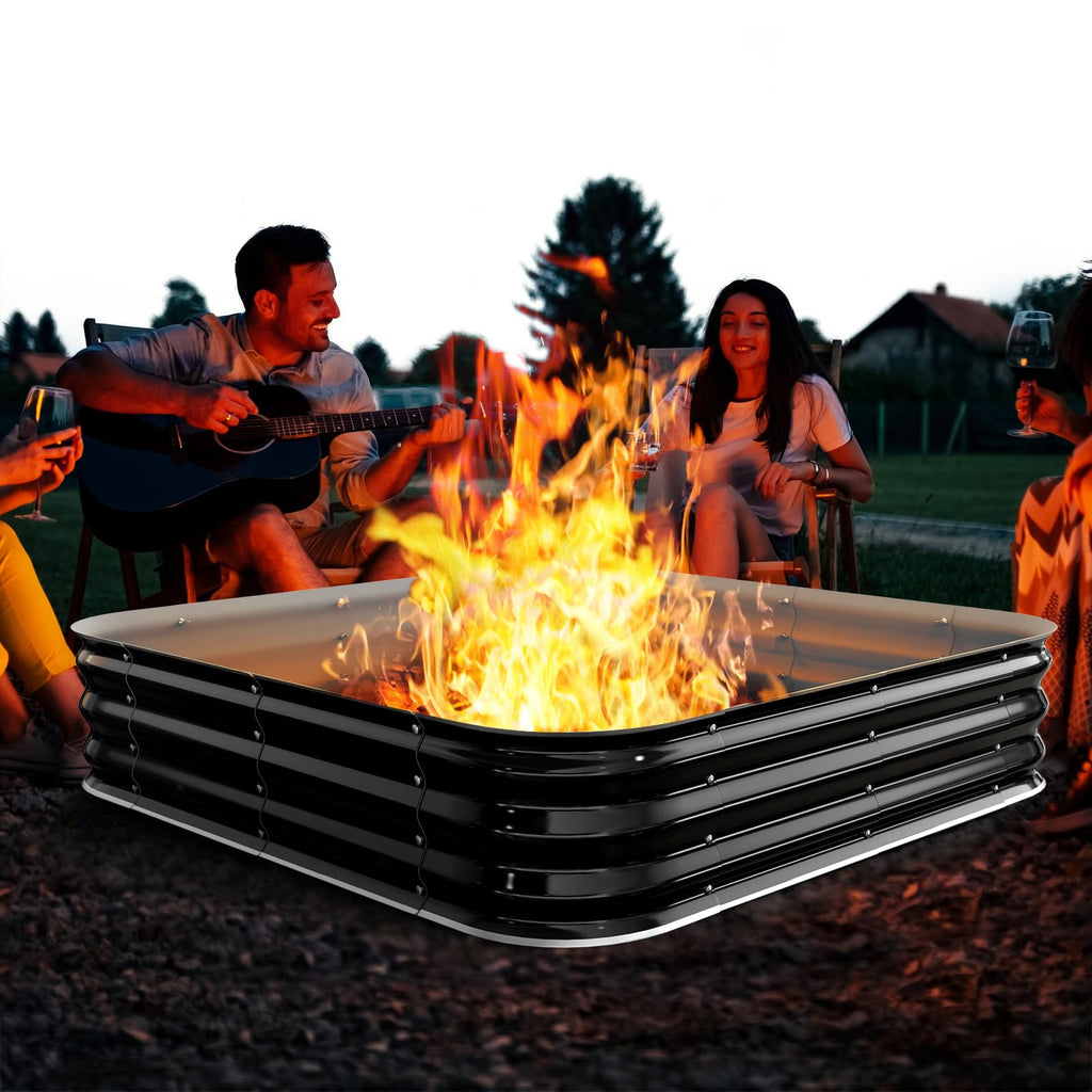 Height 11.5 Inch, Square Galvanized Steel Fire Pit for Outside, Heavy Duty Steel Fire Pit In-Ground for Backyard