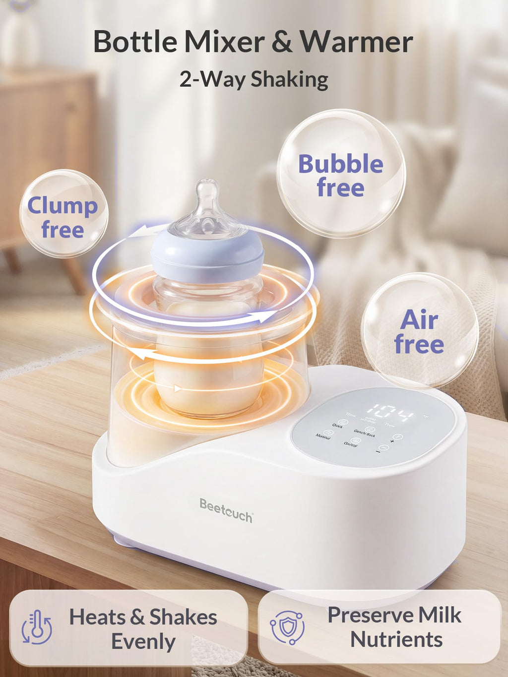 Waterless Baby Bottle Warmer & Mixer - 360° Airflow Gentle Warming & Rocking, Precise Core-Temp Control for