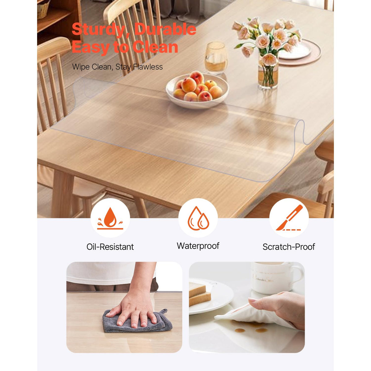Clear Table Cover Protector, 1.5mm Thick 36 x 72 in PVC Plastic Tablecloth, Waterproof & Oil Spill Proof