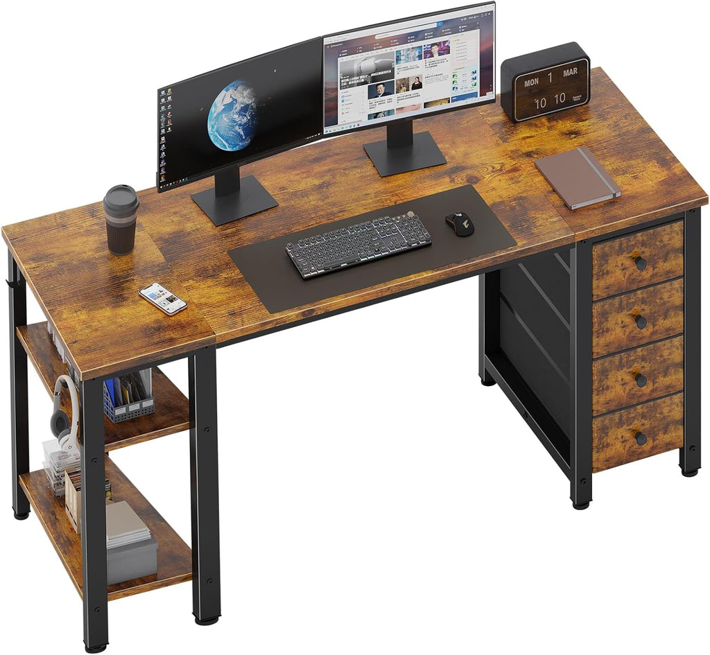 55 inch Computer Desk with 4 Fabric Drawers & Storage Shelves, Writing Work Study Desk Bedroom