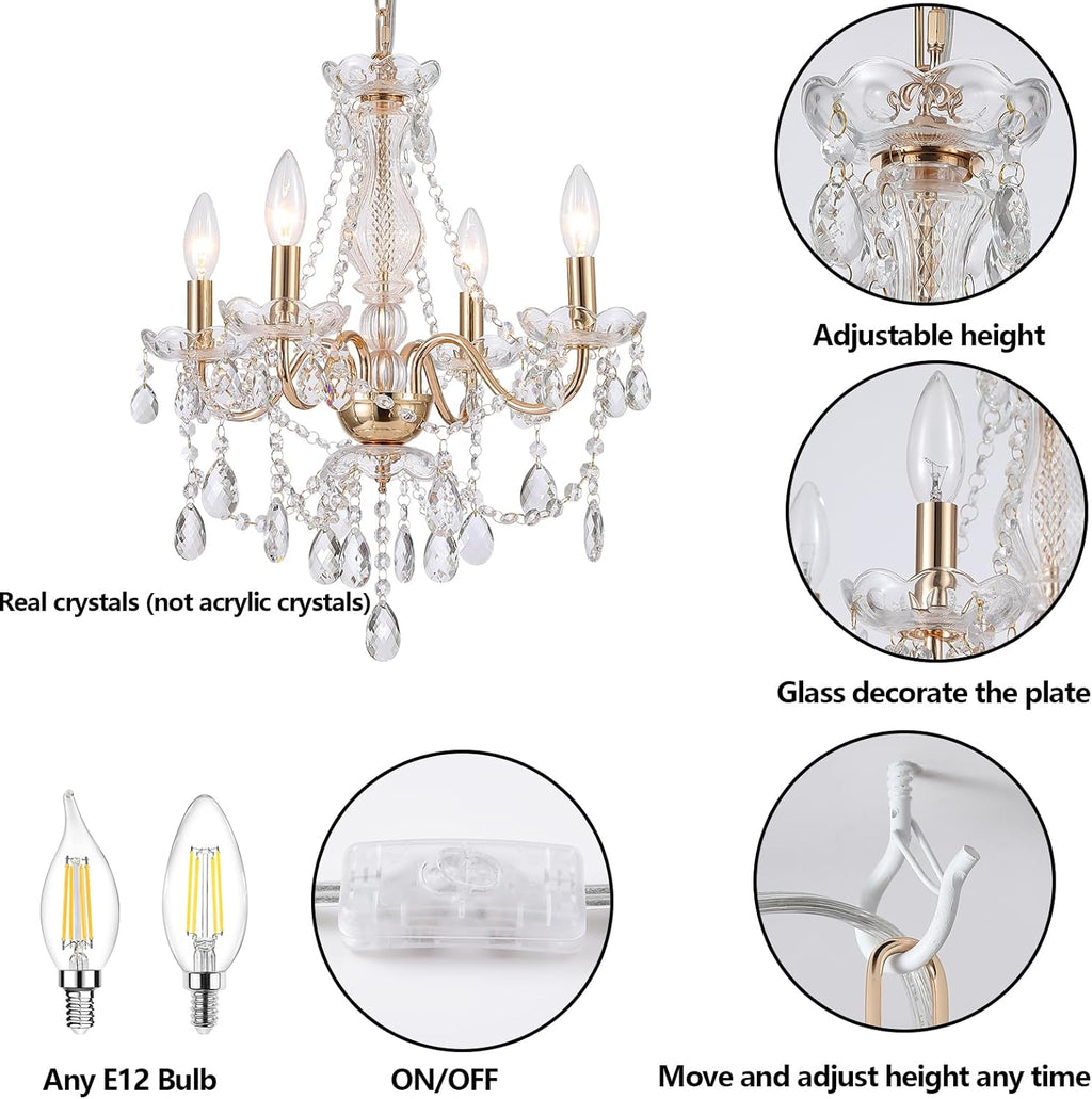 Plug in Crystal Chandelier,French Country Gold Crystals Chandelier Pendant Lighting