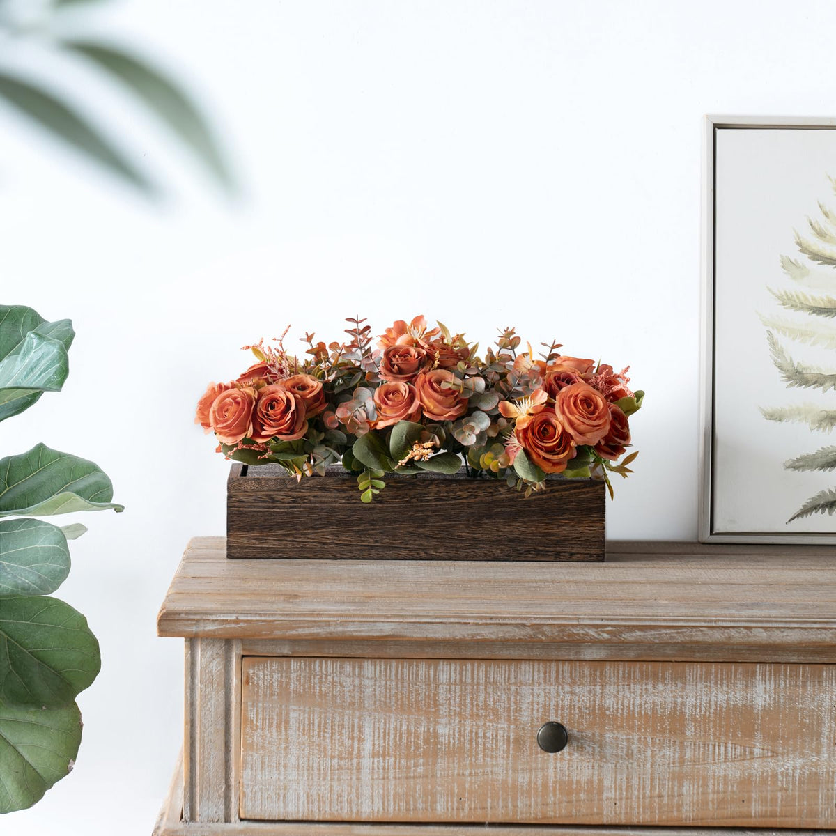 Artificial Flowers in Wood Box, Fall Centerpieces for Table Decor