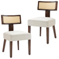 Upholstered Rattan Dining Chairs Set of 2, Mid-Century Modern Fabric Dining Room Chairs with Brown Hardwood Frame