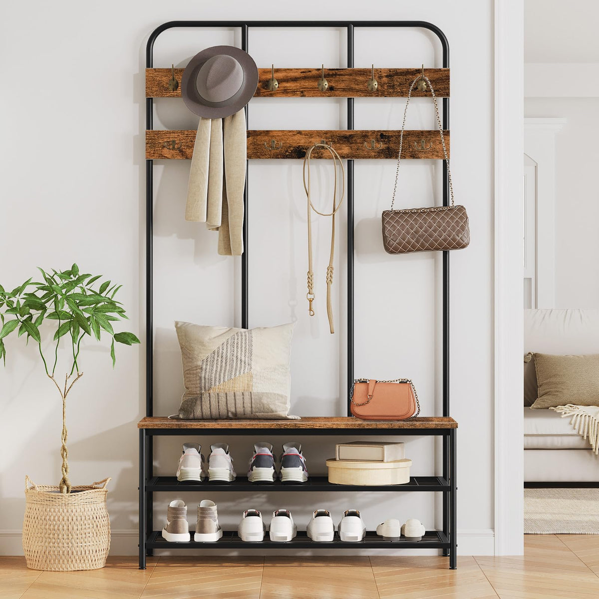 Hall Tree with Bench, Entryway Bench with Coat Rack, Mud Room Rack with 12 Double Hooks and Shoe Storage, Coat Tree