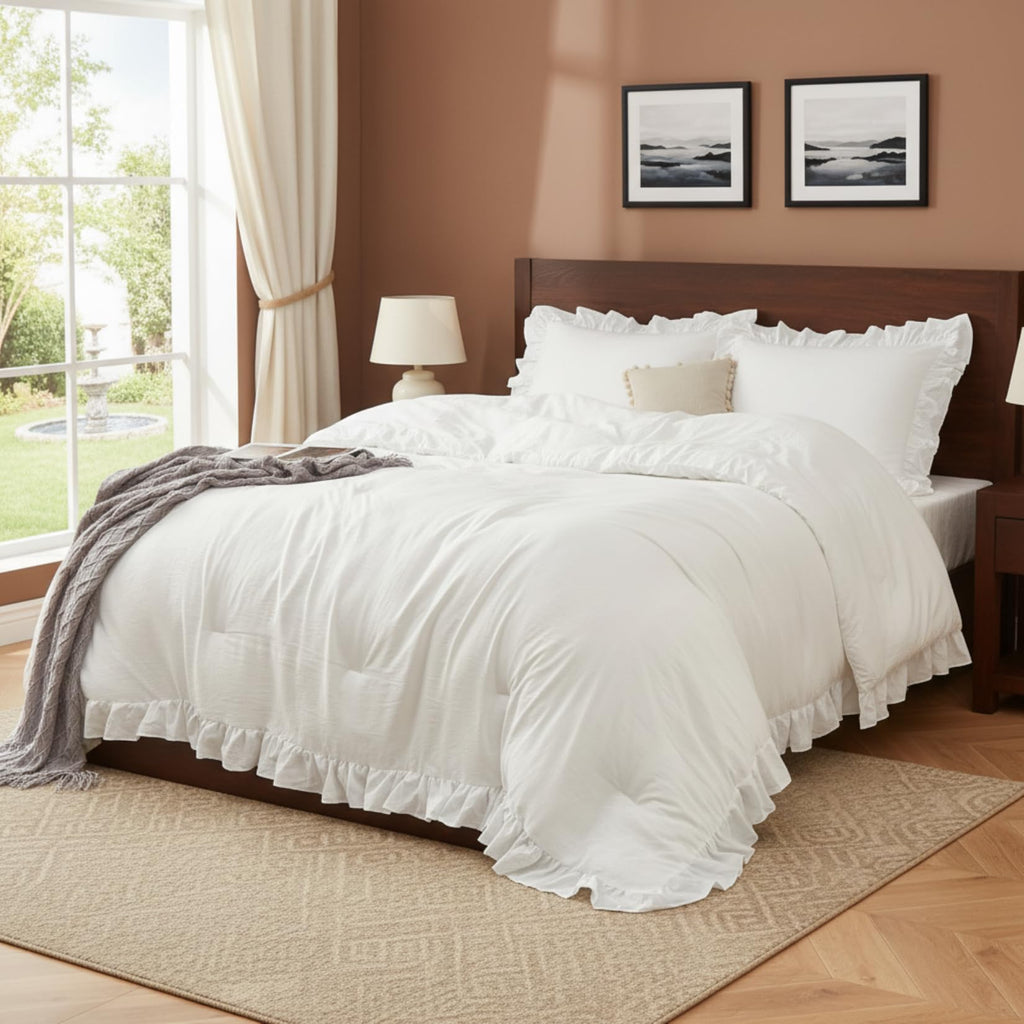 White Ruffled King Size Comforter Set, 3PCS Soft Washed Microfiber Lightweight & Fluffy All-Season Bedding Comforter
