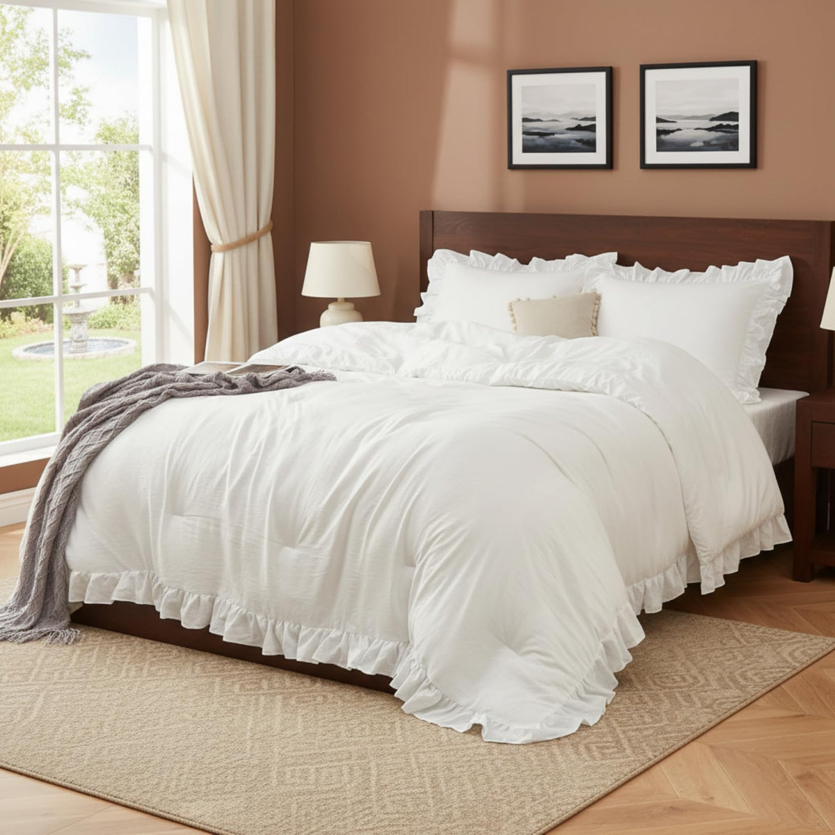 White Ruffled King Size Comforter Set, 3PCS Soft Washed Microfiber Lightweight & Fluffy All-Season Bedding Comforter