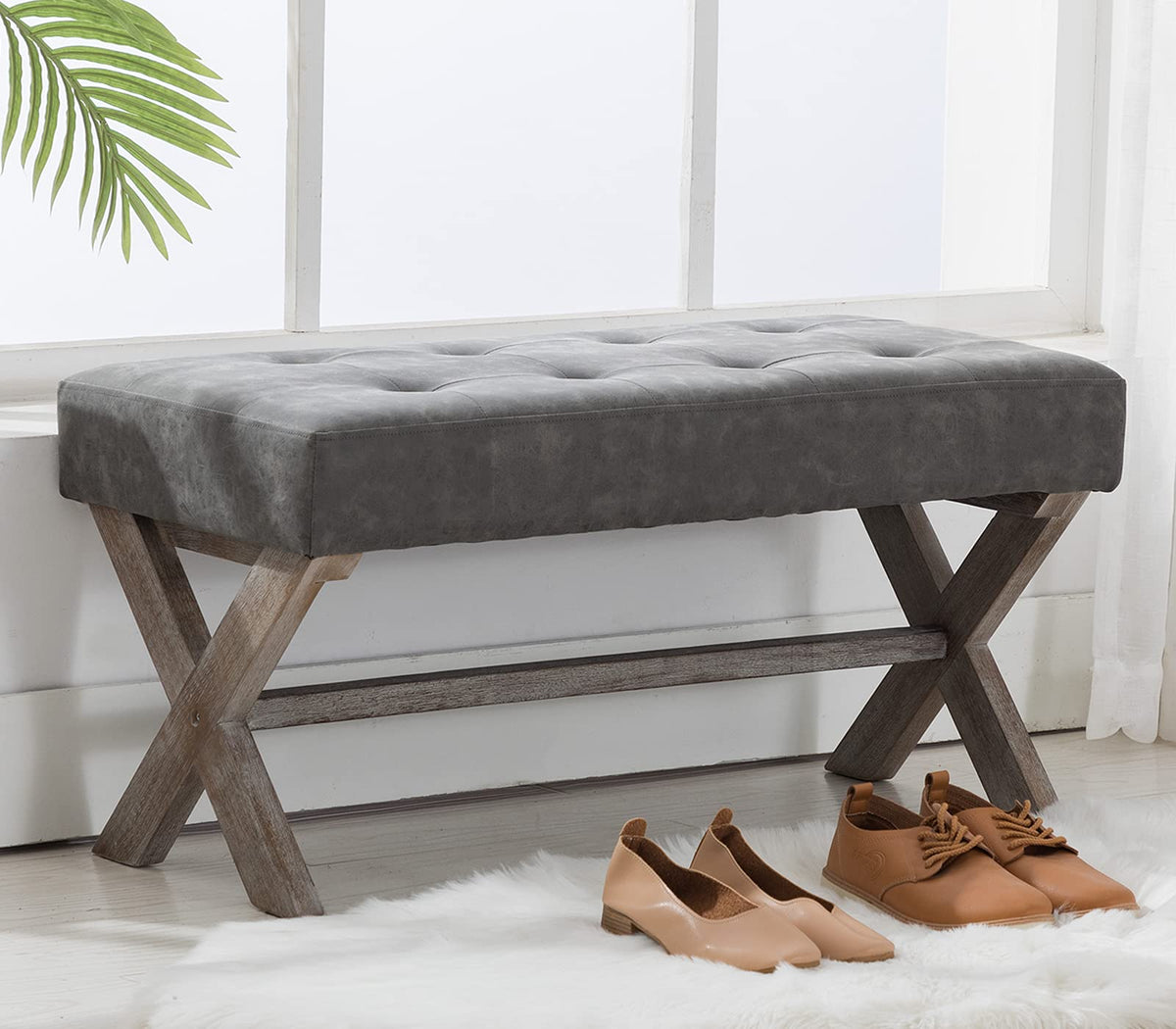 36" PU Leather Farmhouse Entryway Bench End of Bed Bench, Gray