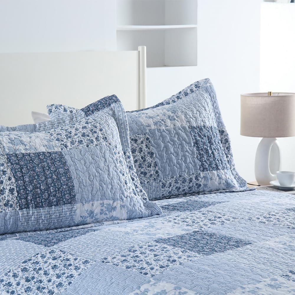 Cotton Bedspread Quilt, Reversible Lightweight Coverlets with 2 Shams, Rose Floral Plaid Pattern Rustic