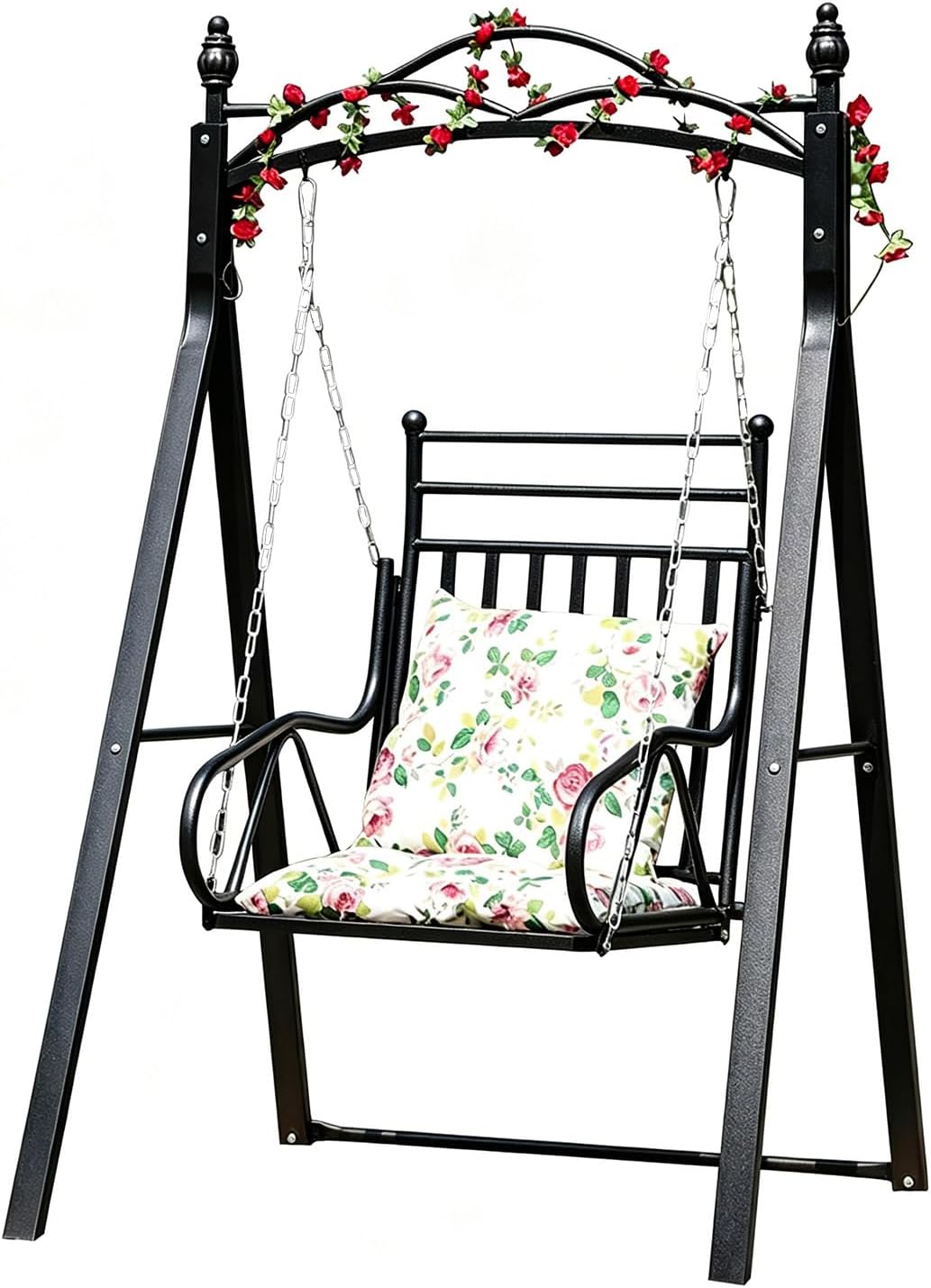 Upgraded Patio Swing with Canopy & A‐Frame Stand - Heavy Duty Outdoor Swing for Adults, Wicker Porch Swing Chair with