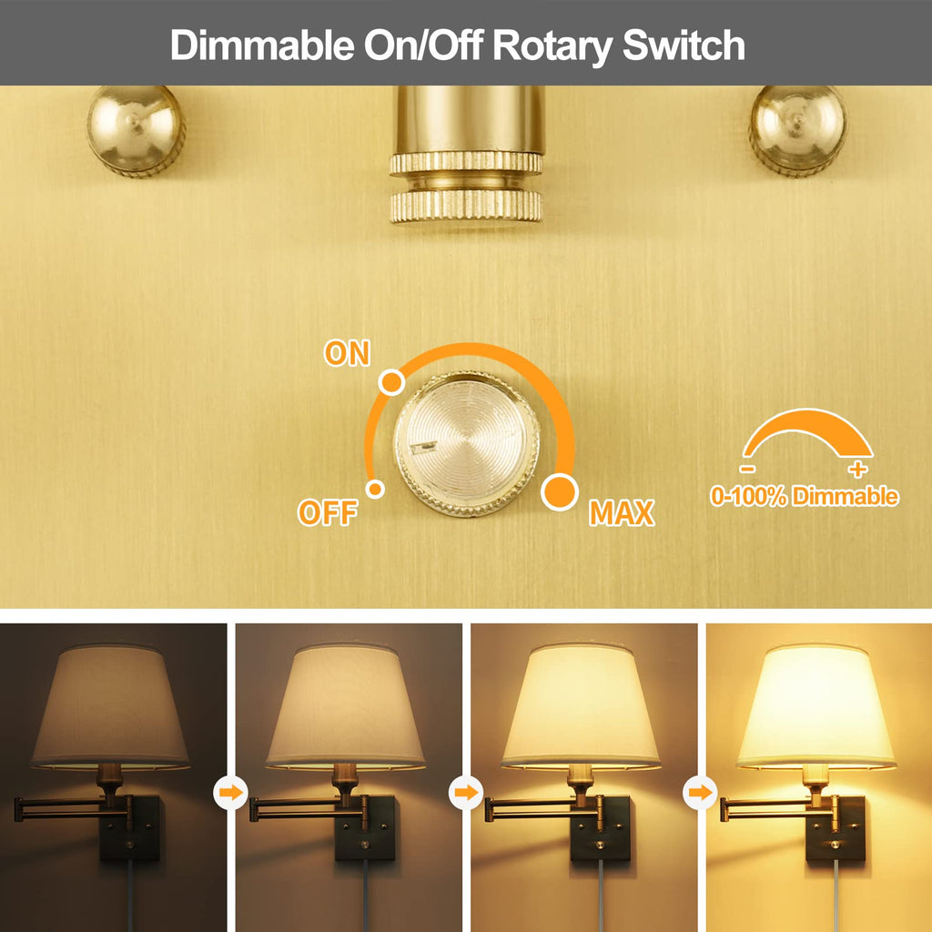 Wall Sconce Plug in, Brushed Brass Dimmable Wall Sconces Set of 2 Swing Arm Wall Lights with Plug in Cord and Dimmer