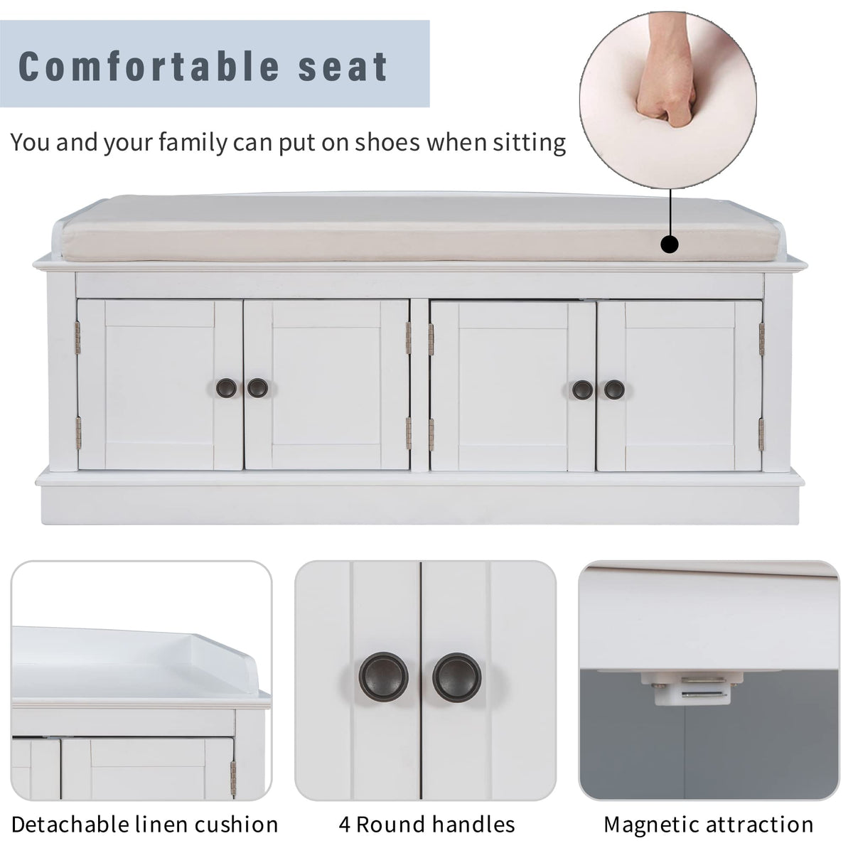 Farmhouse Storage Bench, Wood Storage Benches with Adjustable Shelves, Shoe Bench with Storage and Removable Cushion