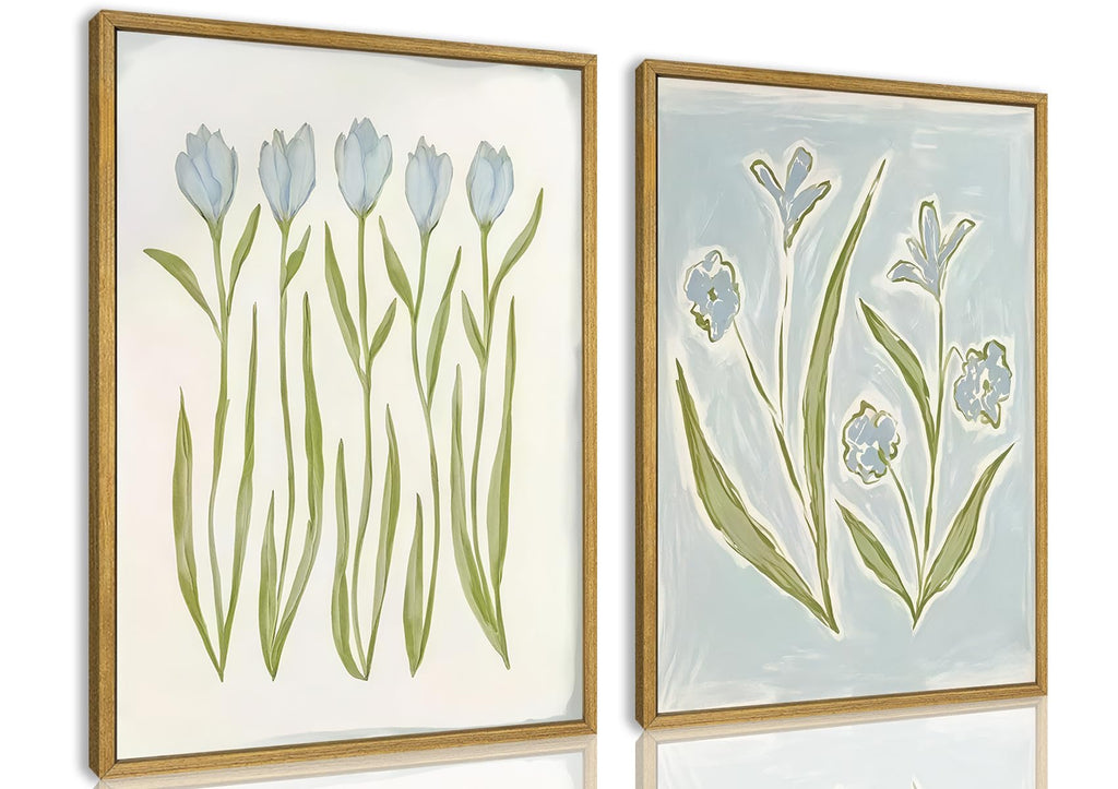 Blue Tulip Flower Wall Art Set of 2, Watercolor Floral Preppy Canvas Poster Prints, Modern Botanical Painting