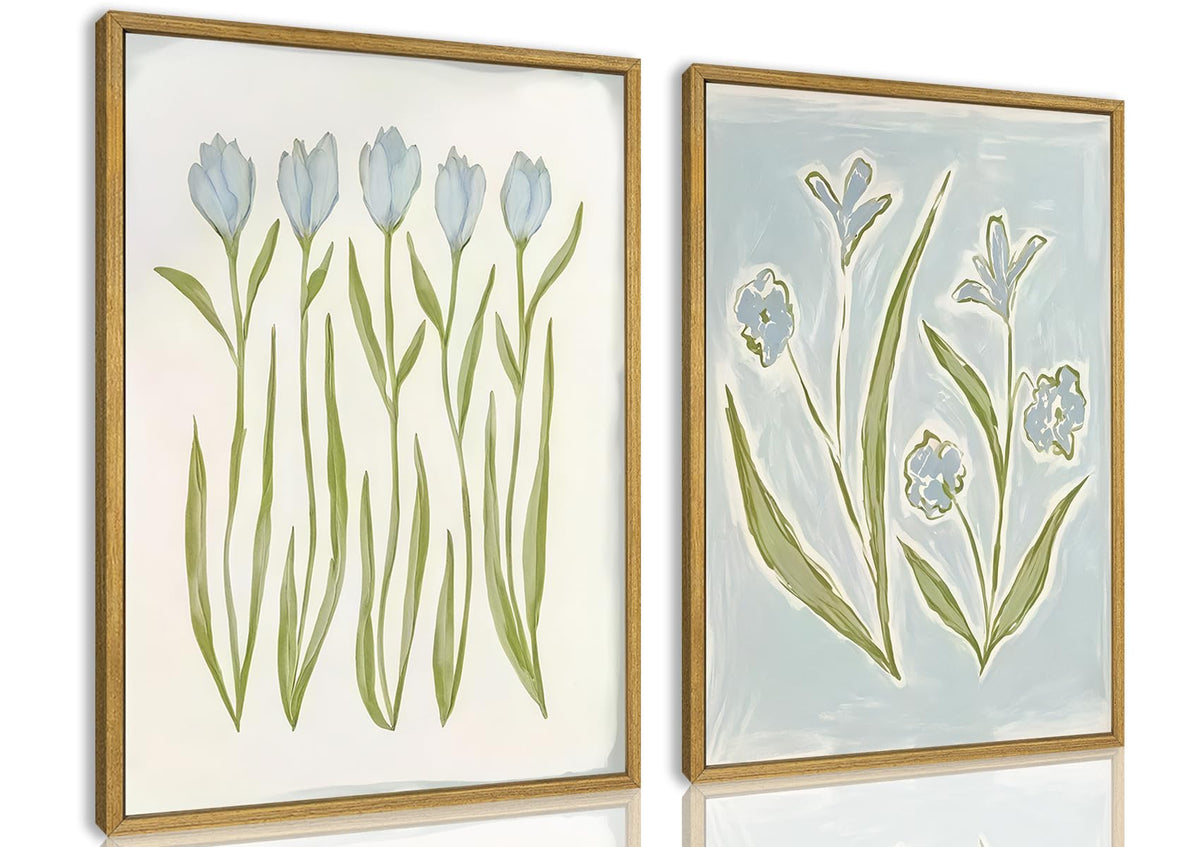 Blue Tulip Flower Wall Art Set of 2, Watercolor Floral Preppy Canvas Poster Prints, Modern Botanical Painting