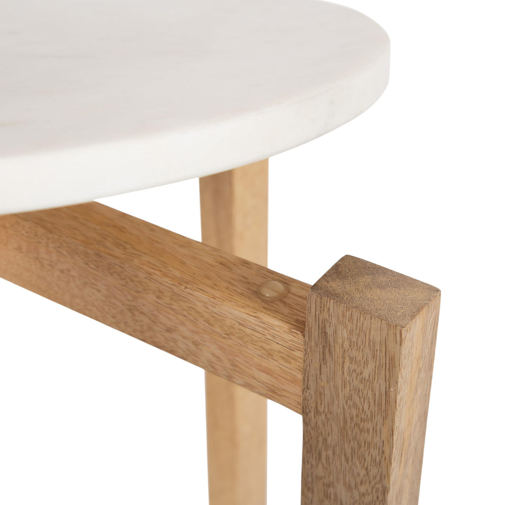 Inspired Saarinen Style Moxley Transitional Round Side Table; 16 x 16 x 22; White Marble and Natural Wood; Tiered Pedestal Table with