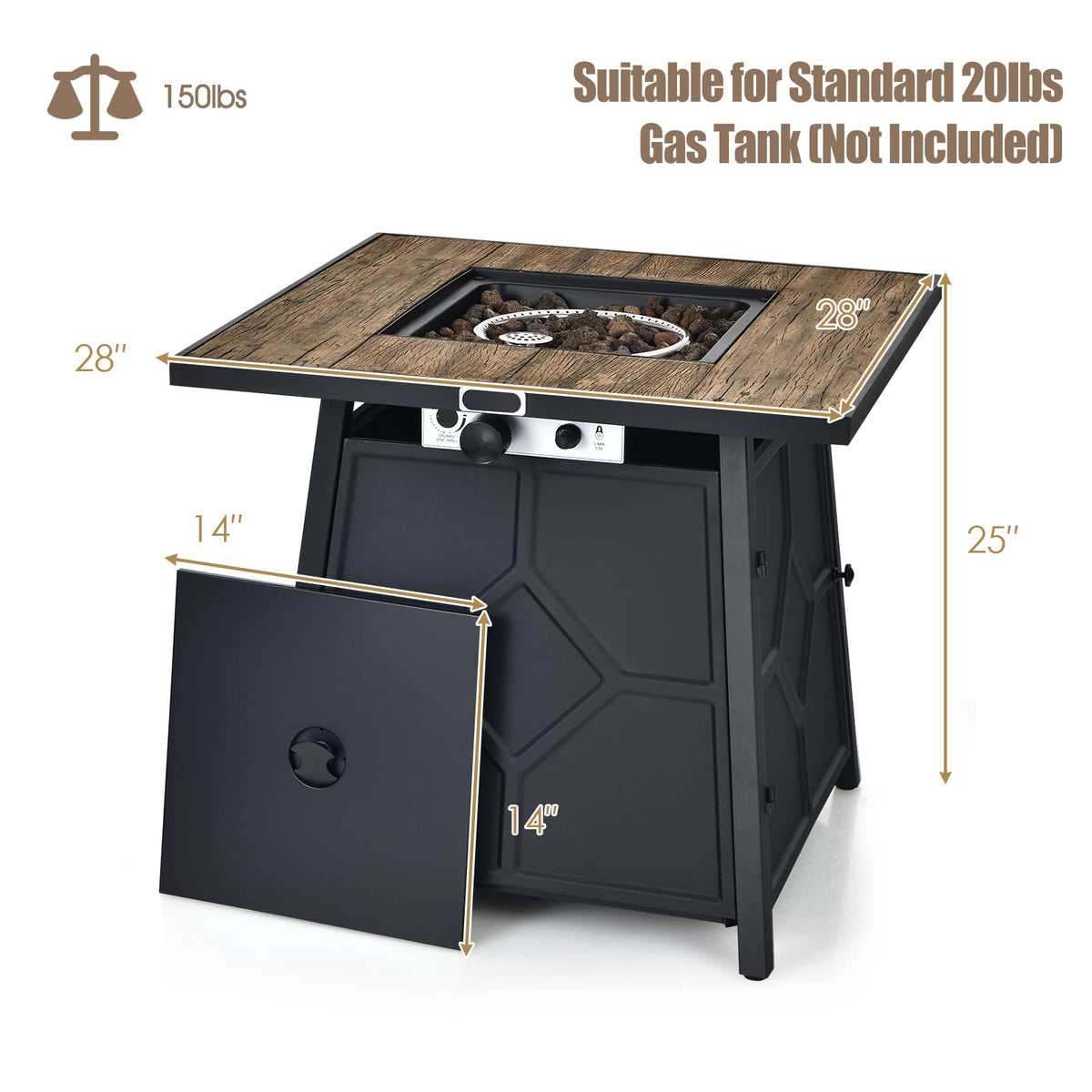 28 Inches Propane Fire Pit Table, 40, 000 BTU Square Fire Table with Lid, Lava Stone, Waterproof Cover and Instant