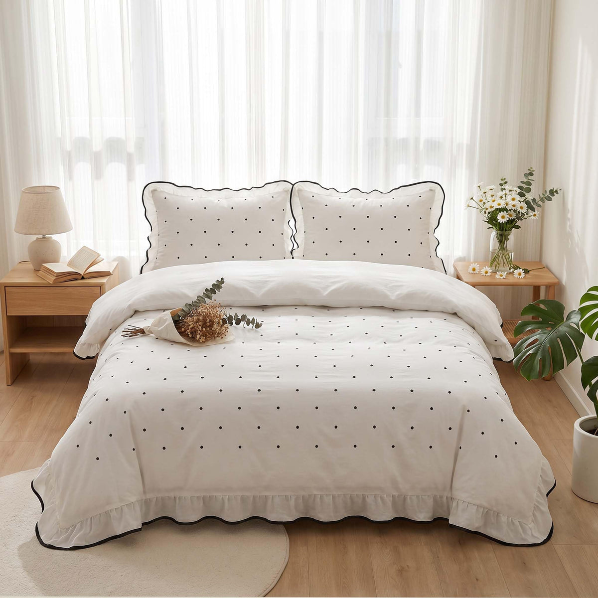 Polka Dot Duvet Cover Elegant White Ruffle Bedding Set