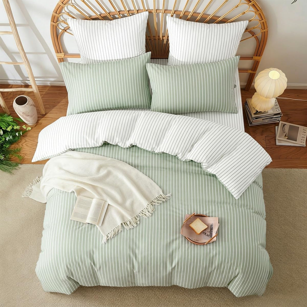 Striped Duvet Cover Cotton Bedding Set 3 Pieces Green White