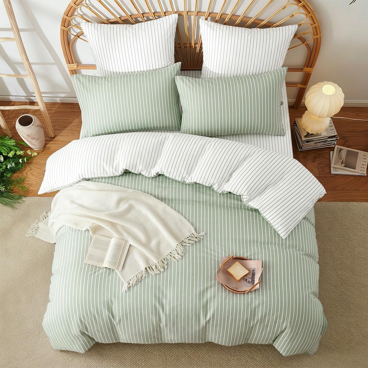 Striped Duvet Cover Cotton Bedding Set 3 Pieces Green White