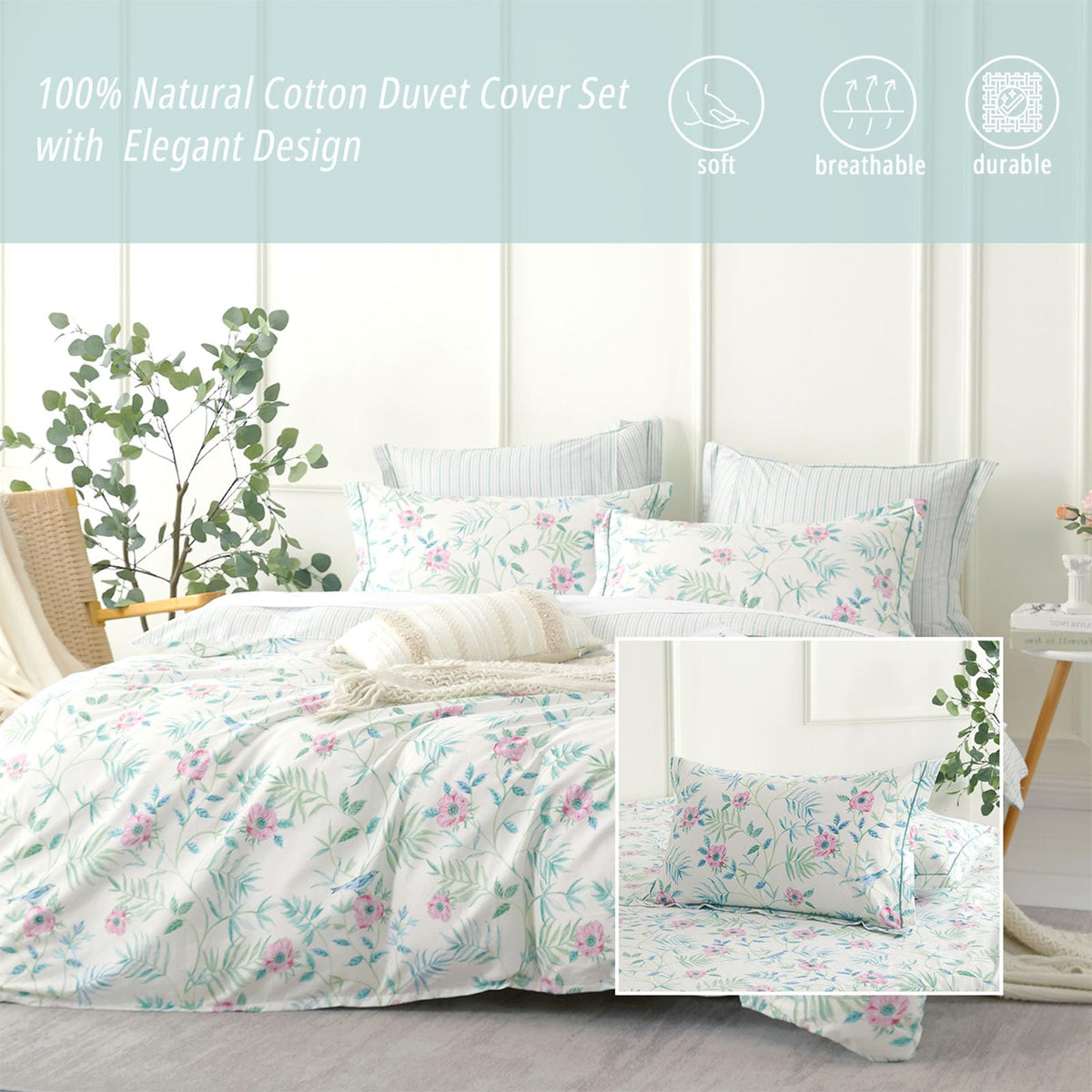 Fresh White & Aqua Botanical Cotton Duvet Cover Set 3PC
