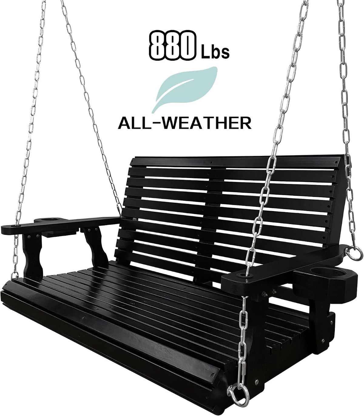 Wooden Porch Swing 2-Seater, High Backrest and Deep Seat, Bench Swing with Cupholders, Hanging Chains and 7mm