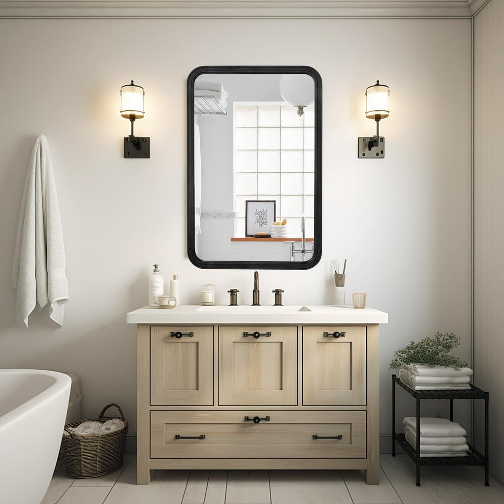 Wood Bathroom Mirror for Wall 24x36 Inch Wooden Frame Rectangle Mirror for Farmhouse Bathroom Vanity Wall Mounted