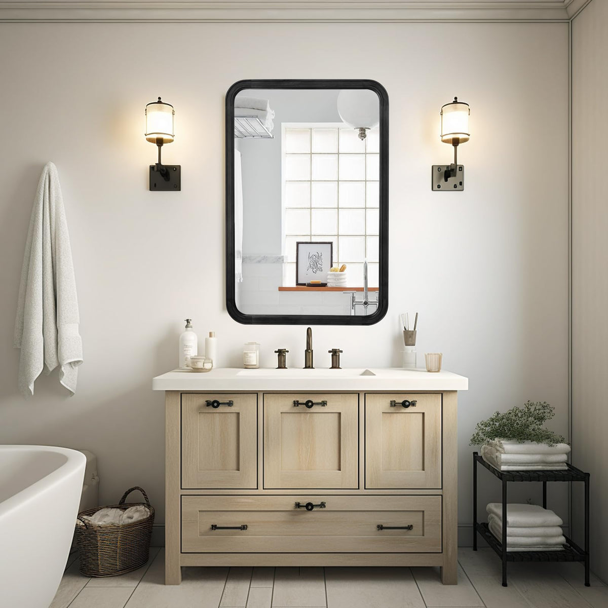 Wood Bathroom Mirror for Wall 24x36 Inch Wooden Frame Rectangle Mirror for Farmhouse Bathroom Vanity Wall Mounted