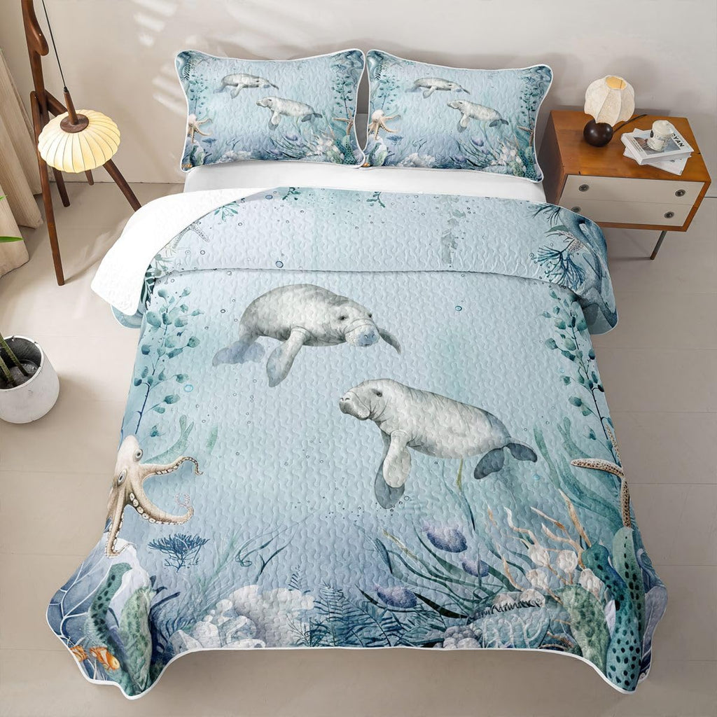 Manatee Quilt Bedding Set Teal Blue Ocean Beach Coastal Quilt Bedding Starfish Octopus Tentacles Bedspread