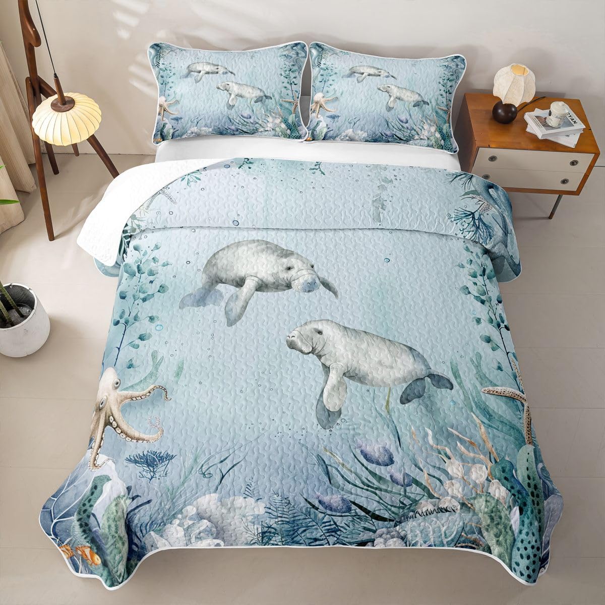 Manatee Quilt Bedding Set Teal Blue Ocean Beach Coastal Quilt Bedding Starfish Octopus Tentacles Bedspread