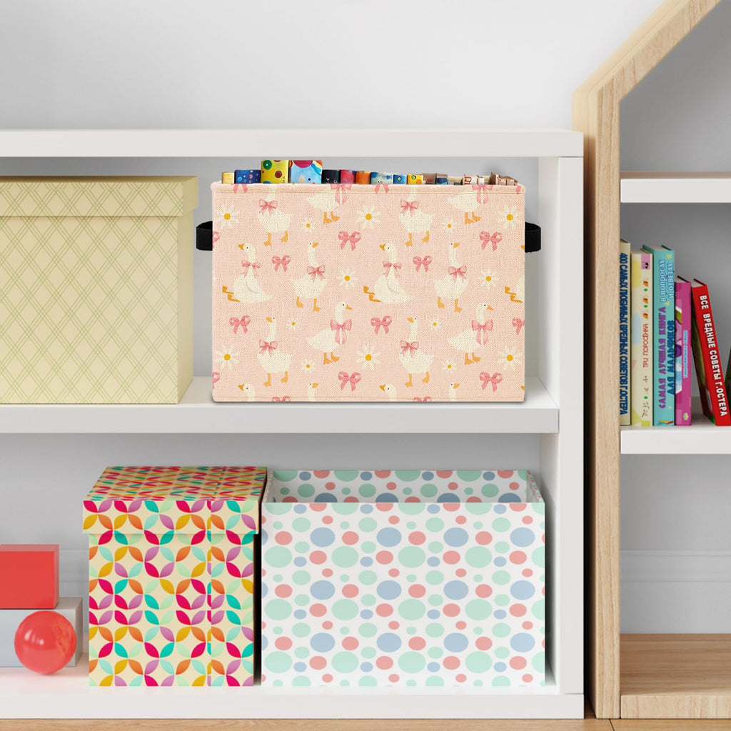 Pink Bow Floral Goose Storage Bins Box with Handles, Goose Nursery Decor, Preppy Geese Laundry Basket Hamper