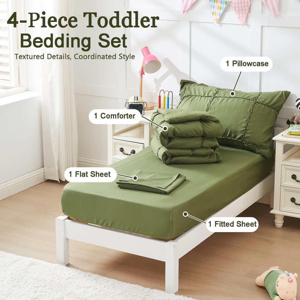 Toddler Bedding Set - 4 Pieces Crib Bed Set for Boys,Soft Embroidery Toddler Comforter Set,Includes Quilted