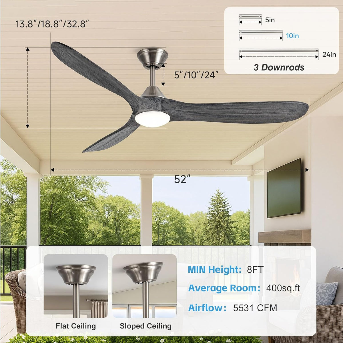 52 Inch Solid Wood 3 Blade Ceiling Fan with Light - Gray Propeller Fan, Dimmable LED, DC Motor, Remote, Indoor/Outdoor