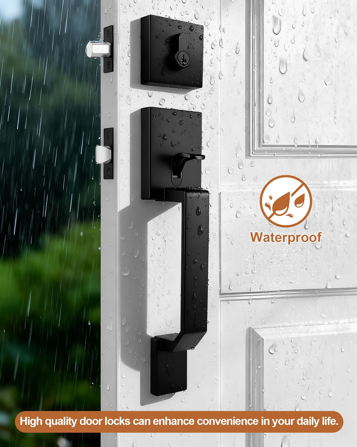 Front Door Handle and Deadbolt Set, Matte Black Front Door Lock Set, Square Exterior Door Handle and Single Cylinder