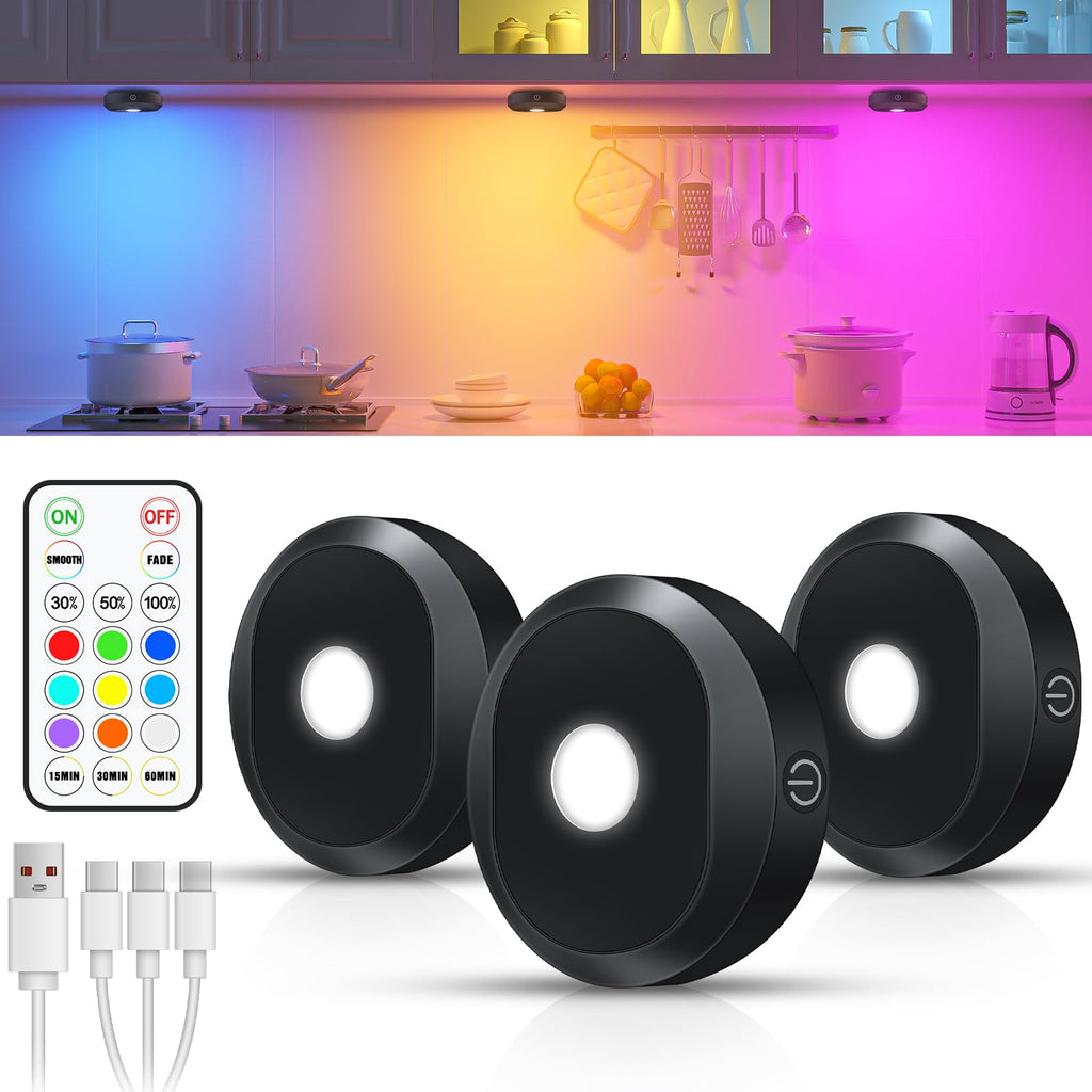 RGB Under Cabinet Lights,Rechargeable Puck Lights with Remote Control, Wireless Push Light with Timer